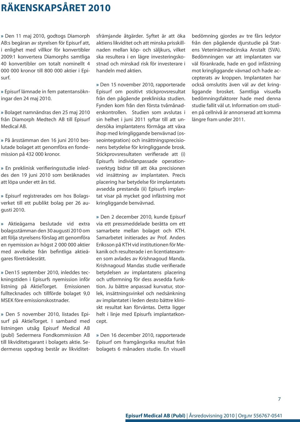 » Bolaget namnändras den 25 maj 2010 från Diamorph Medtech AB till Episurf Medical AB.» På årsstämman den 16 juni 2010 beslutade bolaget att genomföra en fondemission på 432 000 kronor.