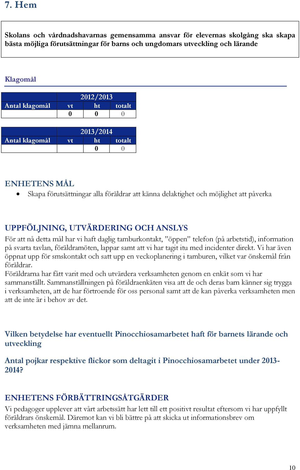 att nå detta mål har vi haft daglig tamburkontakt, öppen telefon (på arbetstid), information på svarta tavlan, föräldramöten, lappar samt att vi har tagit itu med incidenter direkt.