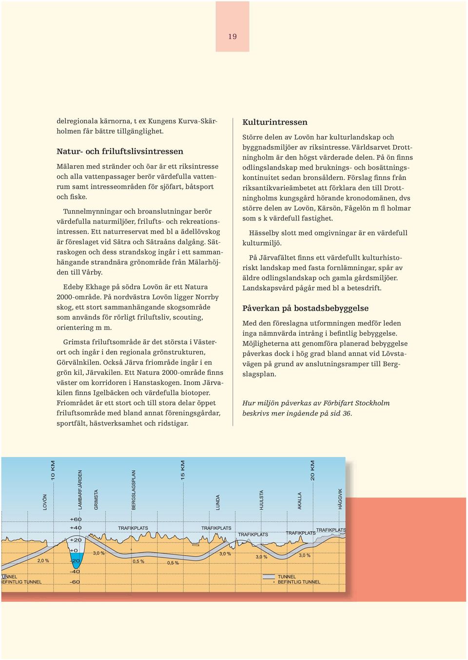 Tunnelmynningar och broanslutningar berör värdefulla naturmiljöer, frilufts- och rekreationsintressen. Ett naturreservat med bl a ädellövskog är föreslaget vid Sätra och Sätraåns dalgång.