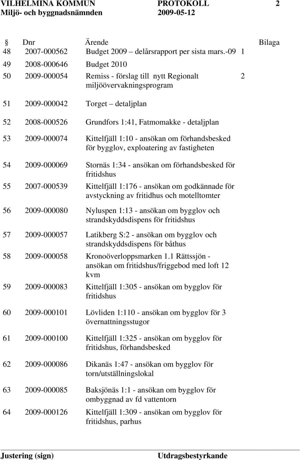 53 2009-000074 Kittelfjäll 1:10 - ansökan om förhandsbesked för bygglov, exploatering av fastigheten 54 2009-000069 Stornäs 1:34 - ansökan om förhandsbesked för fritidshus 55 2007-000539 Kittelfjäll