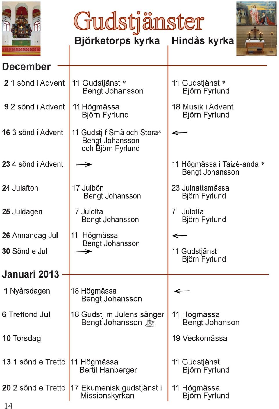 Bengt Johansson Björn Fyrlund 25 Juldagen 7 Julotta 7 Julotta Bengt Johansson Björn Fyrlund 26 Annandag Jul 11 Högmässa Bengt Johansson 30 Sönd e Jul 11 Gudstjänst Björn Fyrlund Januari 2013 1
