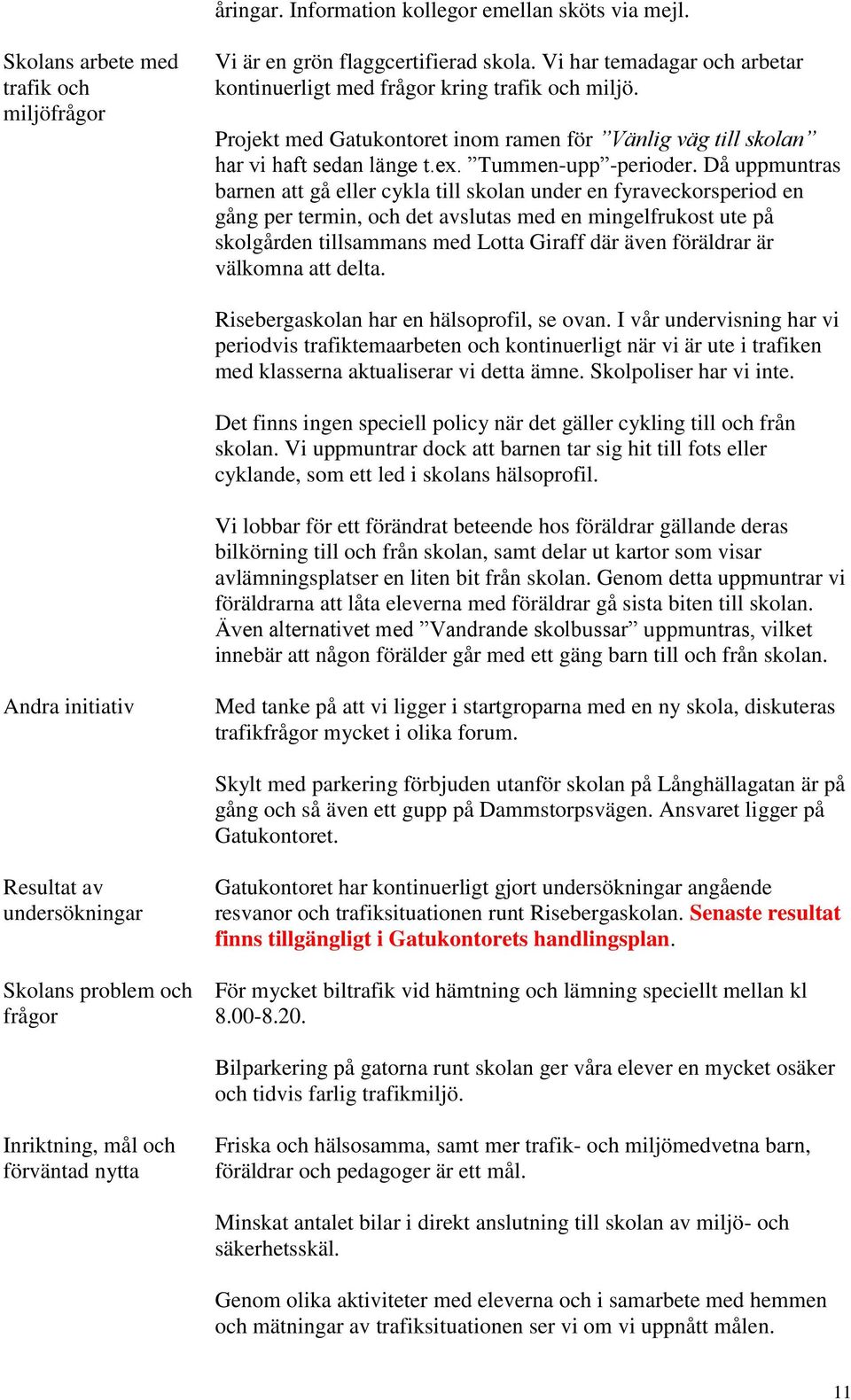 Då uppmuntras barnen att gå eller cykla till skolan under en fyraveckorsperiod en gång per termin, och det avslutas med en mingelfrukost ute på skolgården tillsammans med Lotta Giraff där även