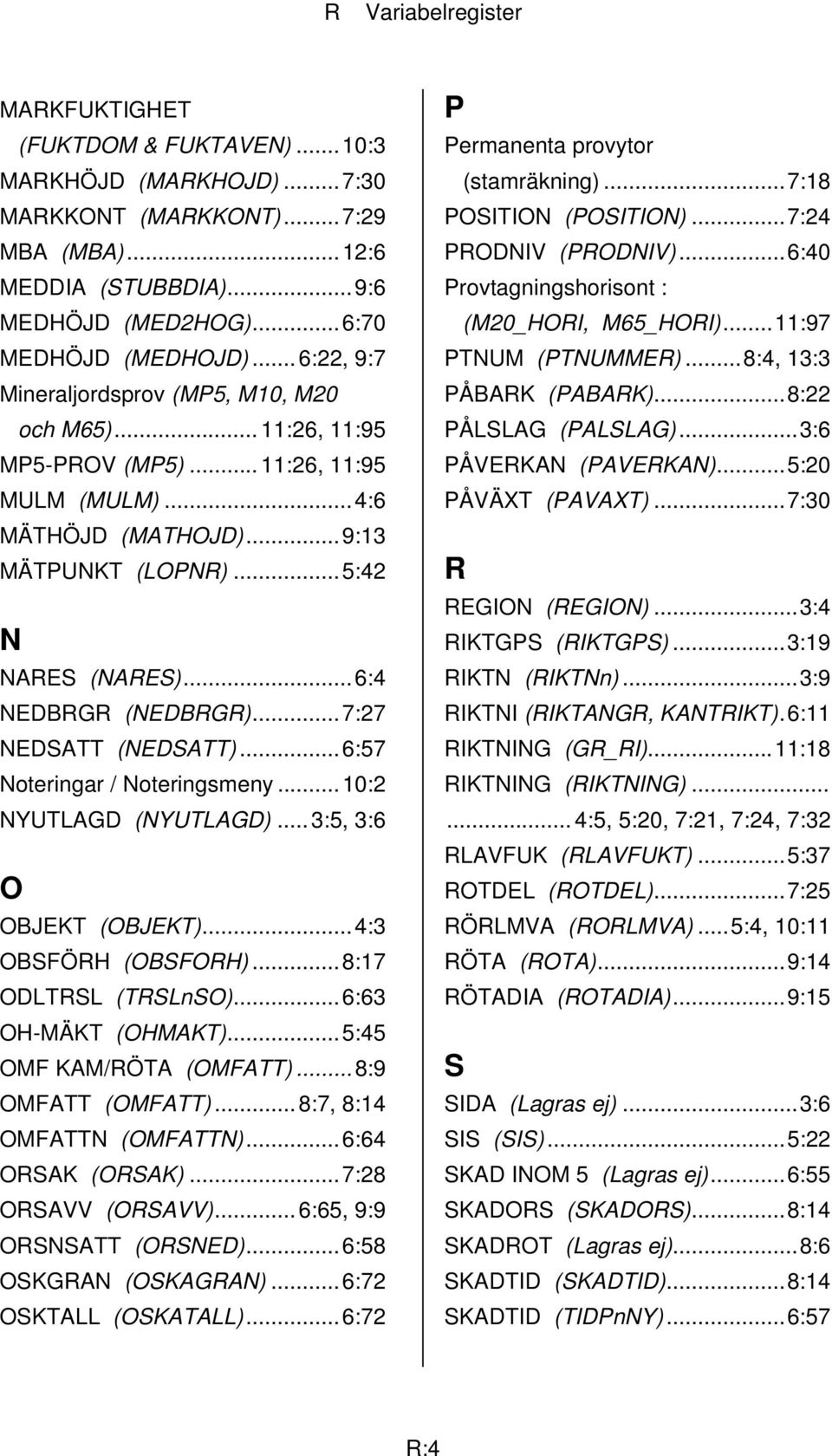 ..6:4 NEDBRGR (NEDBRGR)...7:27 NEDSATT (NEDSATT)...6:57 Noteringar / Noteringsmeny...10:2 NYUTLAGD (NYUTLAGD)...3:5, 3:6 O OBJEKT (OBJEKT)...4:3 OBSFÖRH (OBSFORH)...8:17 ODLTRSL (TRSLnSO).