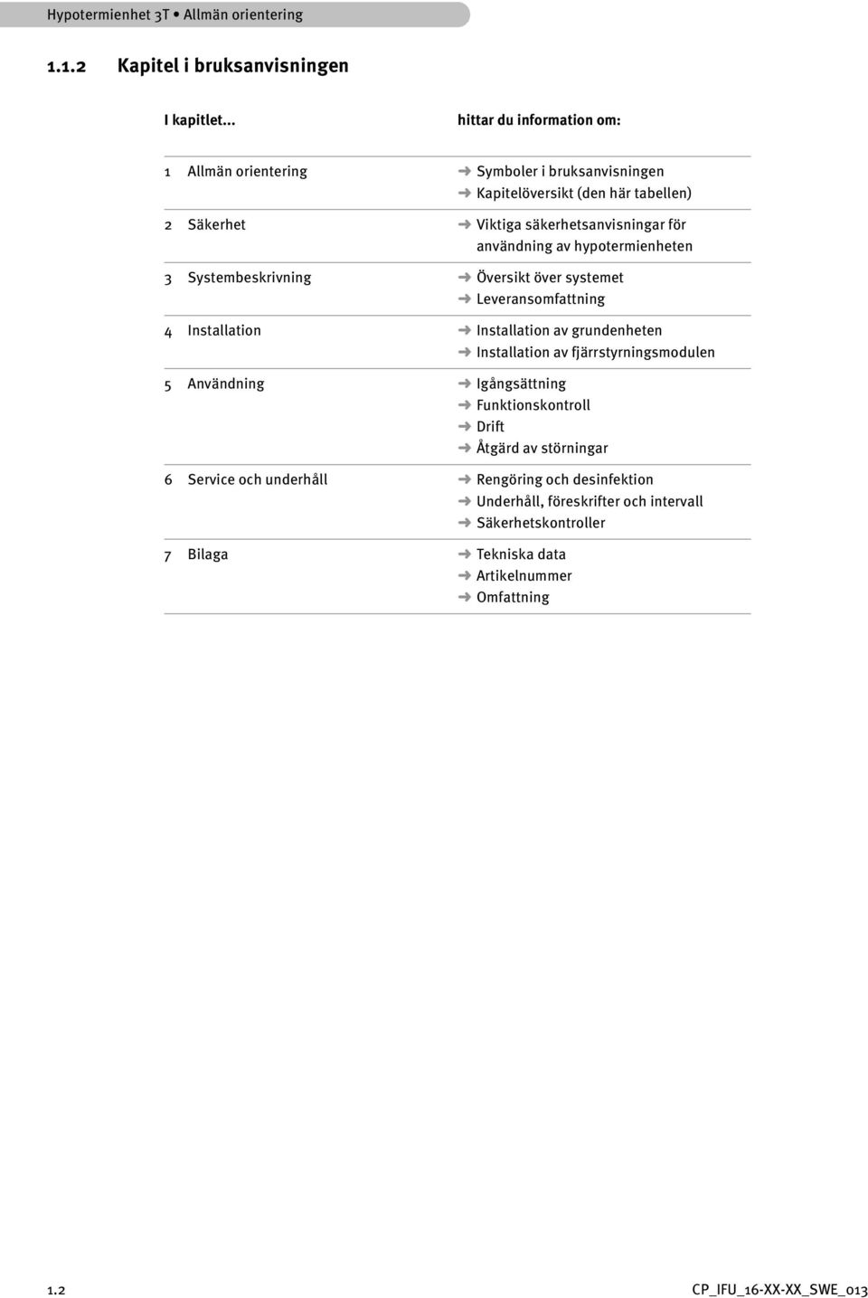 av hypotermienheten 3 Systembeskrivning Översikt över systemet Leveransomfattning 4 Installation Installation av grundenheten Installation av fjärrstyrningsmodulen 5