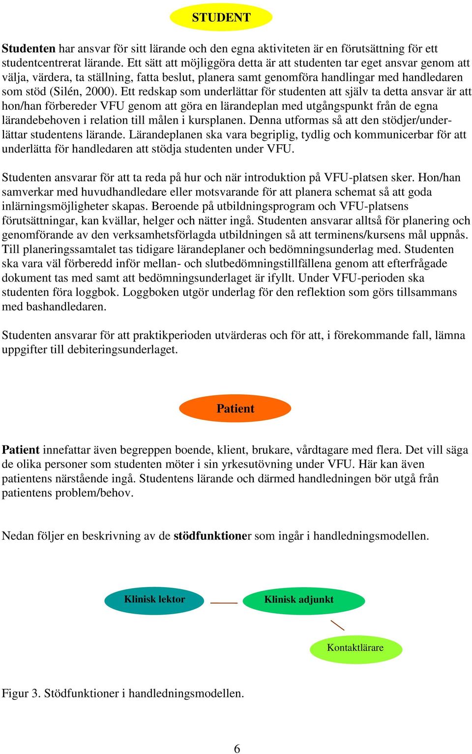 Ett redskap som underlättar för studenten att själv ta detta ansvar är att hon/han förbereder VFU genom att göra en lärandeplan med utgångspunkt från de egna lärandebehoven i relation till målen i