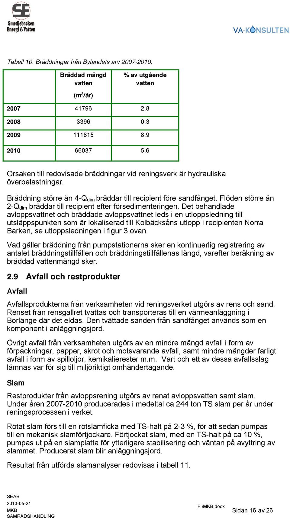 Bräddning större än 4-Q dim bräddar till recipient före sandfånget. Flöden större än 2-Q dim bräddar till recipient efter försedimenteringen.