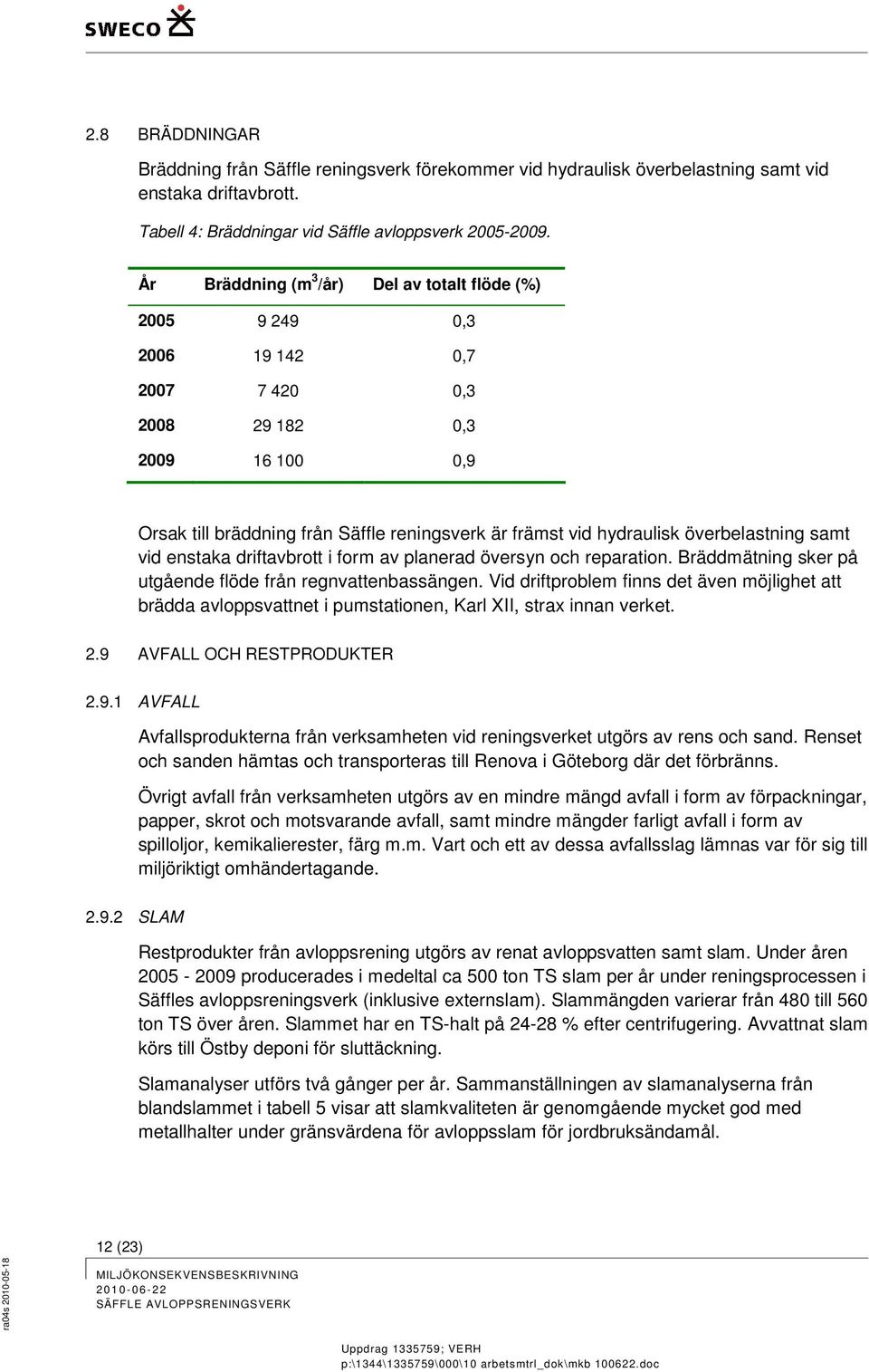 överbelastning samt vid enstaka driftavbrott i form av planerad översyn och reparation. Bräddmätning sker på utgående flöde från regnvattenbassängen.