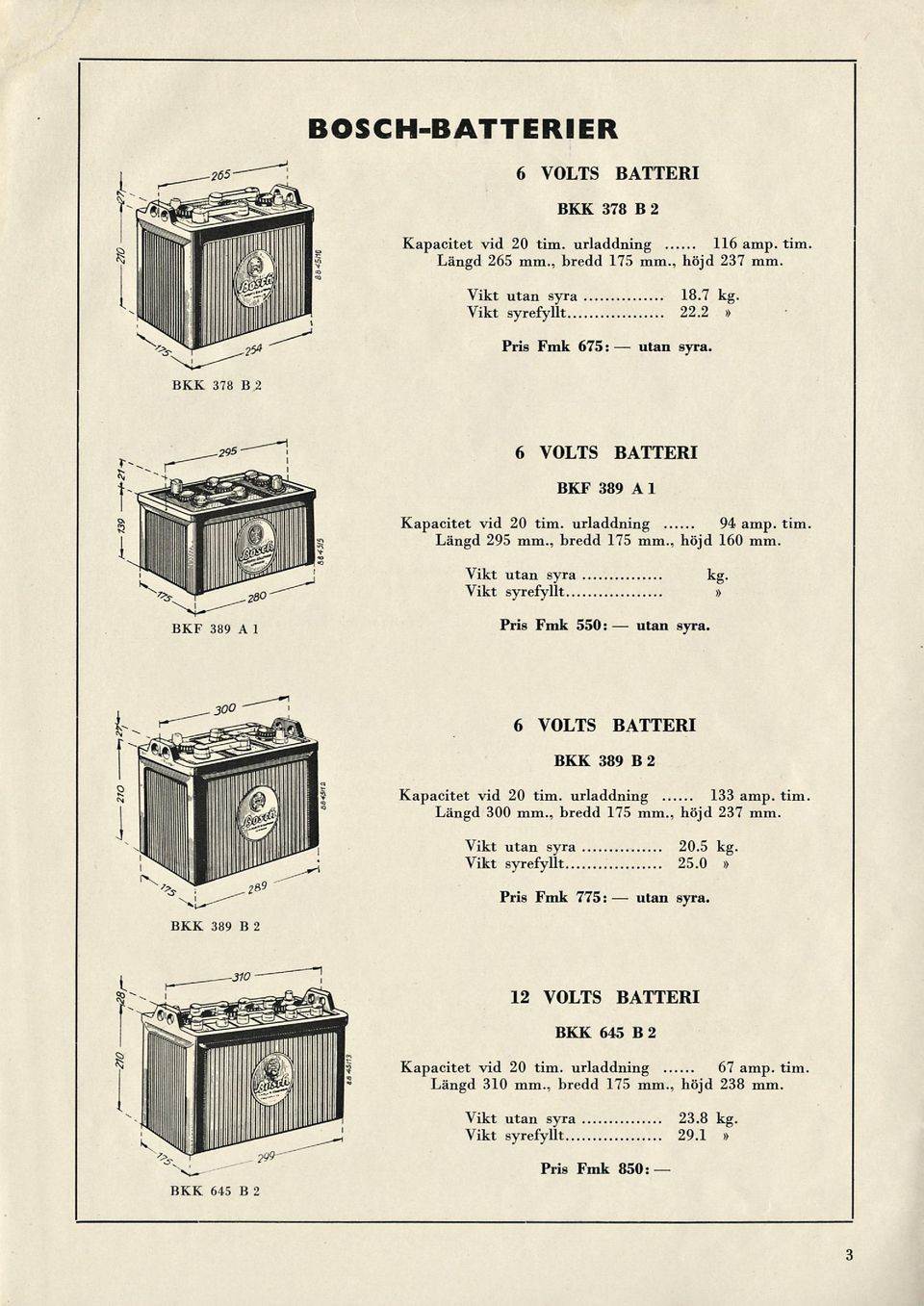 Vikt syrefyllt» Pris Fmk 550: BKK 389 B 2 Kapacitet vid 20 tim. urladdning 133 amp. Tim Längd 300 mm., bredd 175 mm., höjd 237 mm. Vikt 20.5 kg.