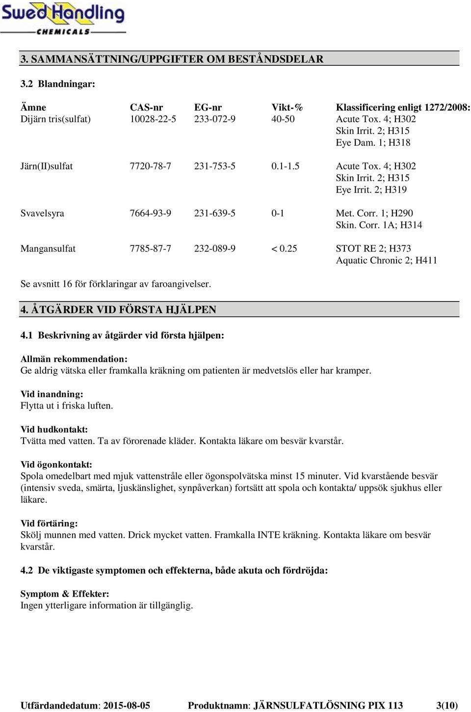 1; H290 Skin. Corr. 1A; H314 Mangansulfat 7785-87-7 232-089-9 < 0.25 STOT RE 2; H373 Aquatic Chronic 2; H411 Se avsnitt 16 för förklaringar av faroangivelser. 4. ÅTGÄRDER VID FÖRSTA HJÄLPEN 4.