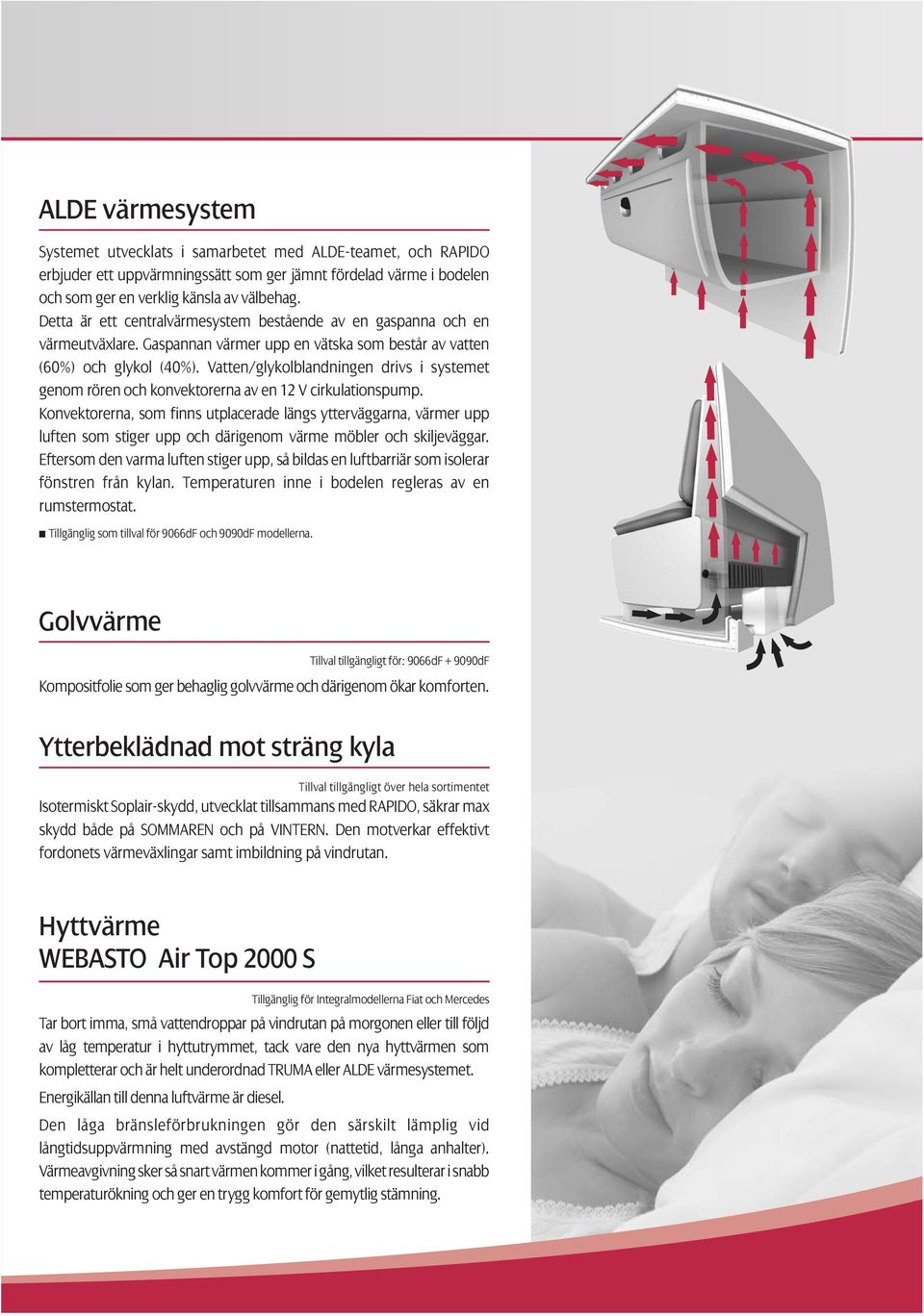 Vatten/glykolblandningen drivs i systemet genom rören och konvektorerna av en 12 V cirkulationspump.