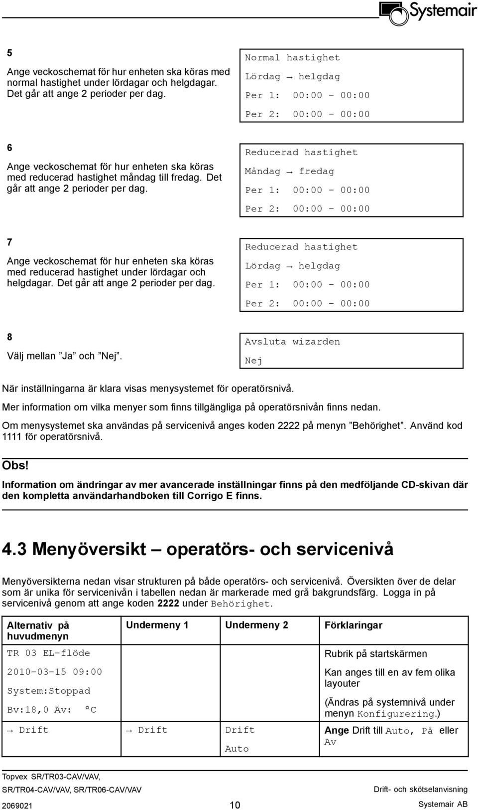 Reducerad hastighet Måndag fredag Per 1: 00:00 00:00 Per 2: 00:00 00:00 7 Ange veckoschemat för hur enheten ska köras med reducerad hastighet under lördagar och helgdagar.