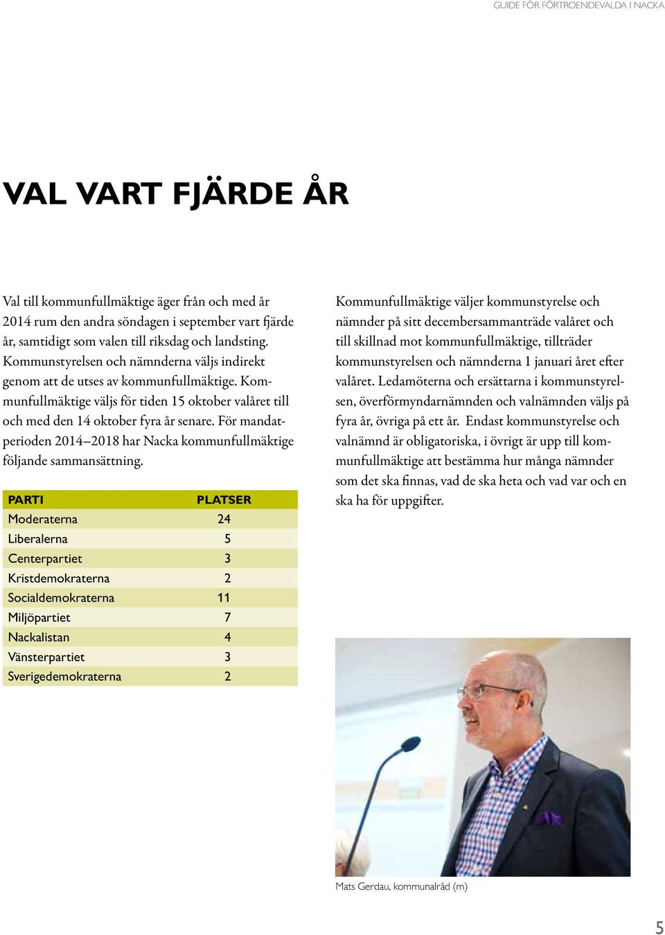 För mandatperioden 2014 2018 har Nacka kommunfullmäktige följande sammansättning.