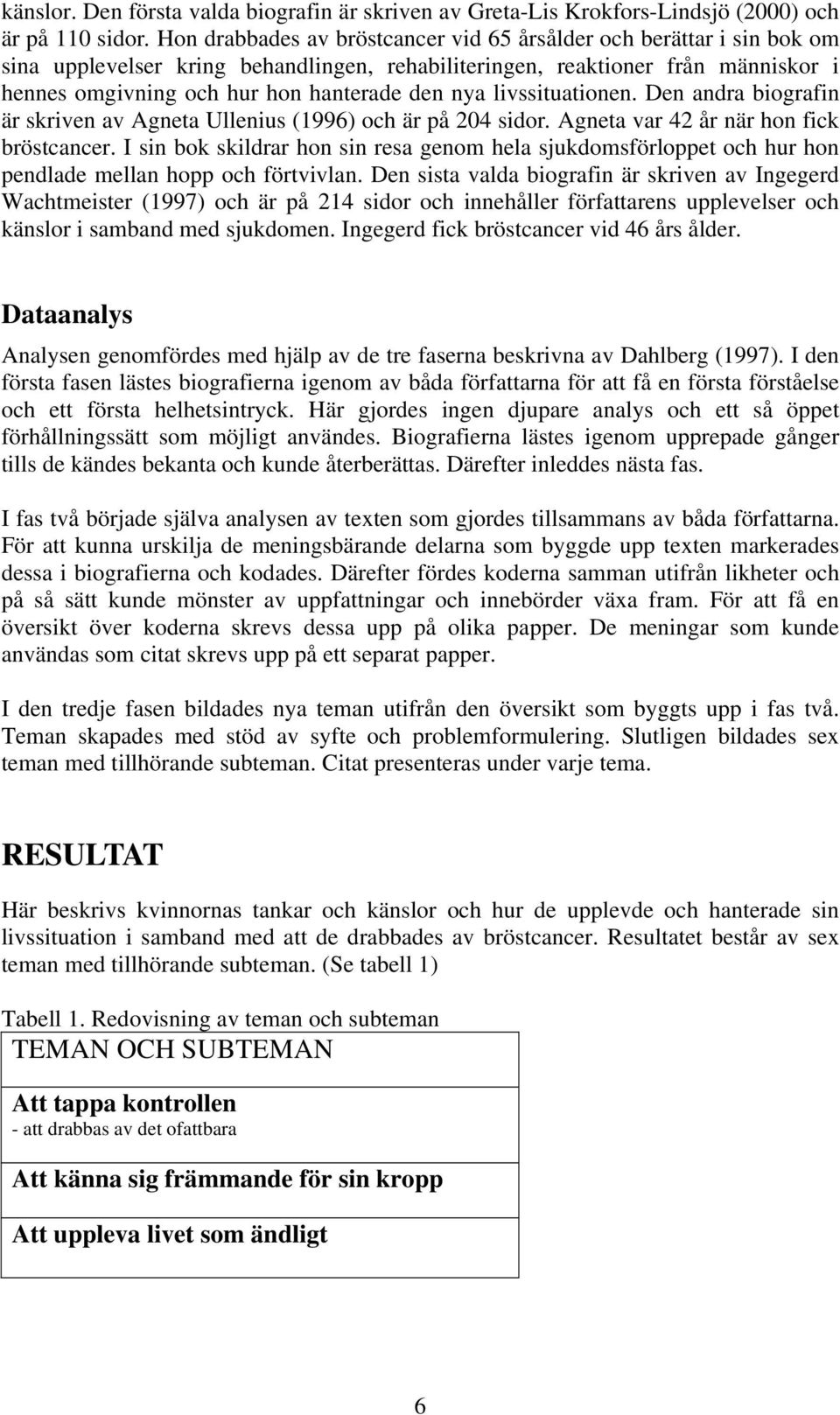 nya livssituationen. Den andra biografin är skriven av Agneta Ullenius (1996) och är på 204 sidor. Agneta var 42 år när hon fick bröstcancer.