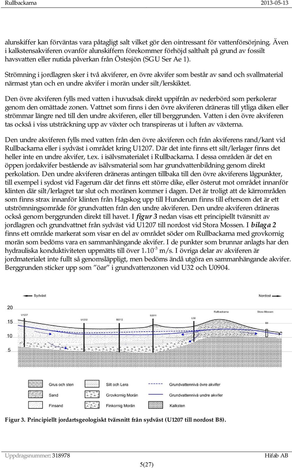 Strömning i jordlagren sker i två akviferer, en övre akvifer som består av sand och svallmaterial närmast ytan och en undre akvifer i morän under silt/lerskiktet.