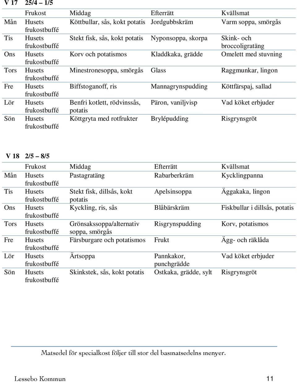 Vad köket erbjuder Köttgryta med rotfrukter Brylépudding Risgrynsgröt V 18 2/5 8/5 Mån Husets Pastagratäng Rabarberkräm Kycklingpanna Tis Husets Stekt fisk, dillsås, kokt Apelsinsoppa Äggakaka,