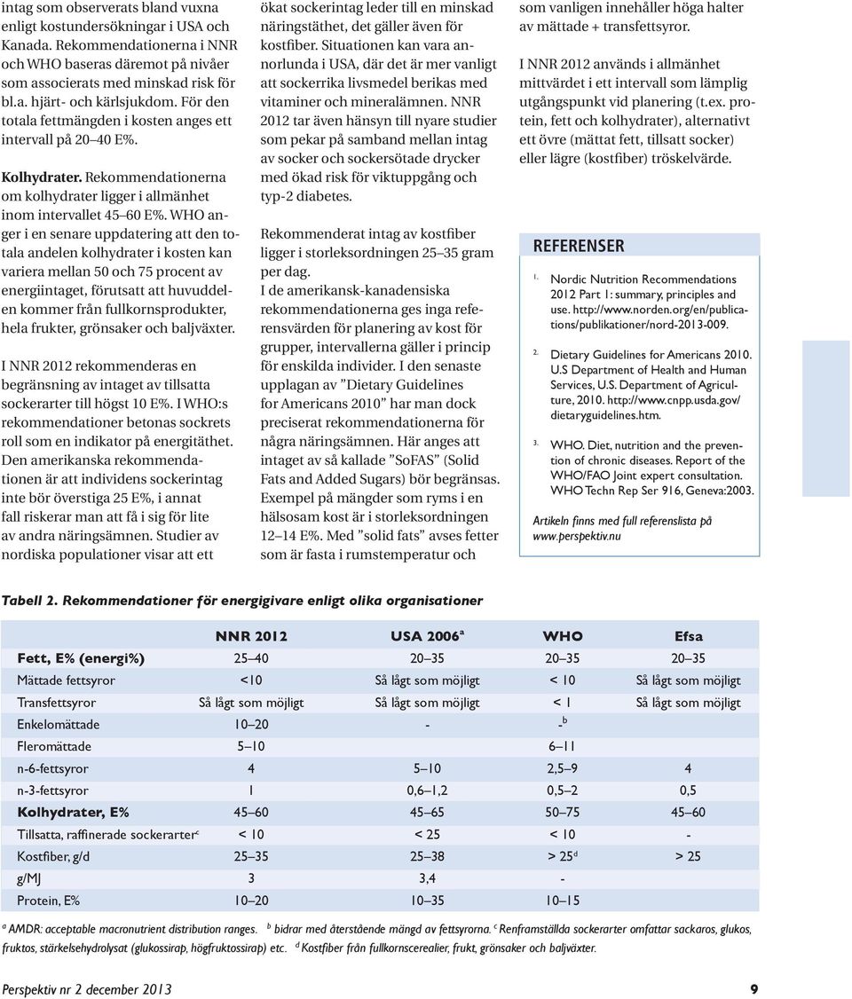 WHO anger i en senare uppdatering att den totala andelen kolhydrater i kosten kan variera mellan 50 och 75 procent av energiintaget, förutsatt att huvuddelen kommer från fullkornsprodukter, hela