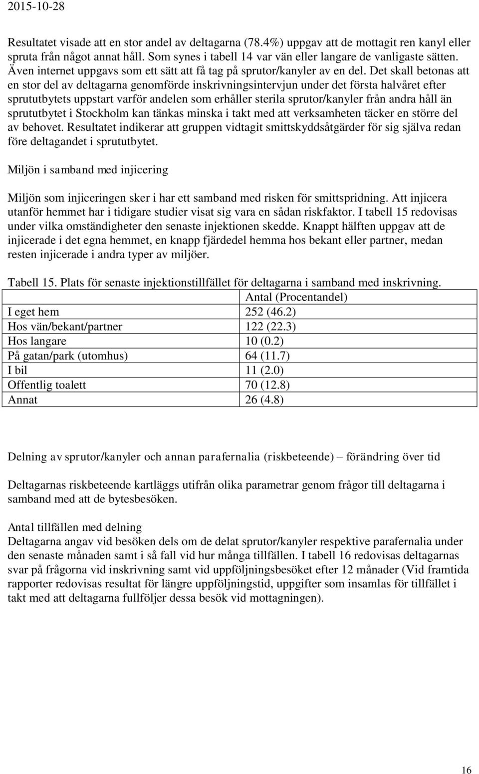 Det skall betonas att en stor del av deltagarna genomförde inskrivningsintervjun under det första halvåret efter sprututbytets uppstart varför andelen som erhåller sterila sprutor/kanyler från andra