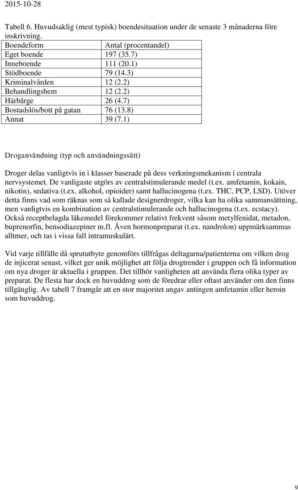 1) Droganvändning (typ och användningssätt) Droger delas vanligtvis in i klasser baserade på dess verkningsmekanism i centrala nervsystemet. De vanligaste utgörs av centralstimulerande medel (t.ex.