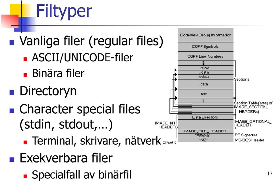 Character special files (stdin, stdout, ) n Terminal,