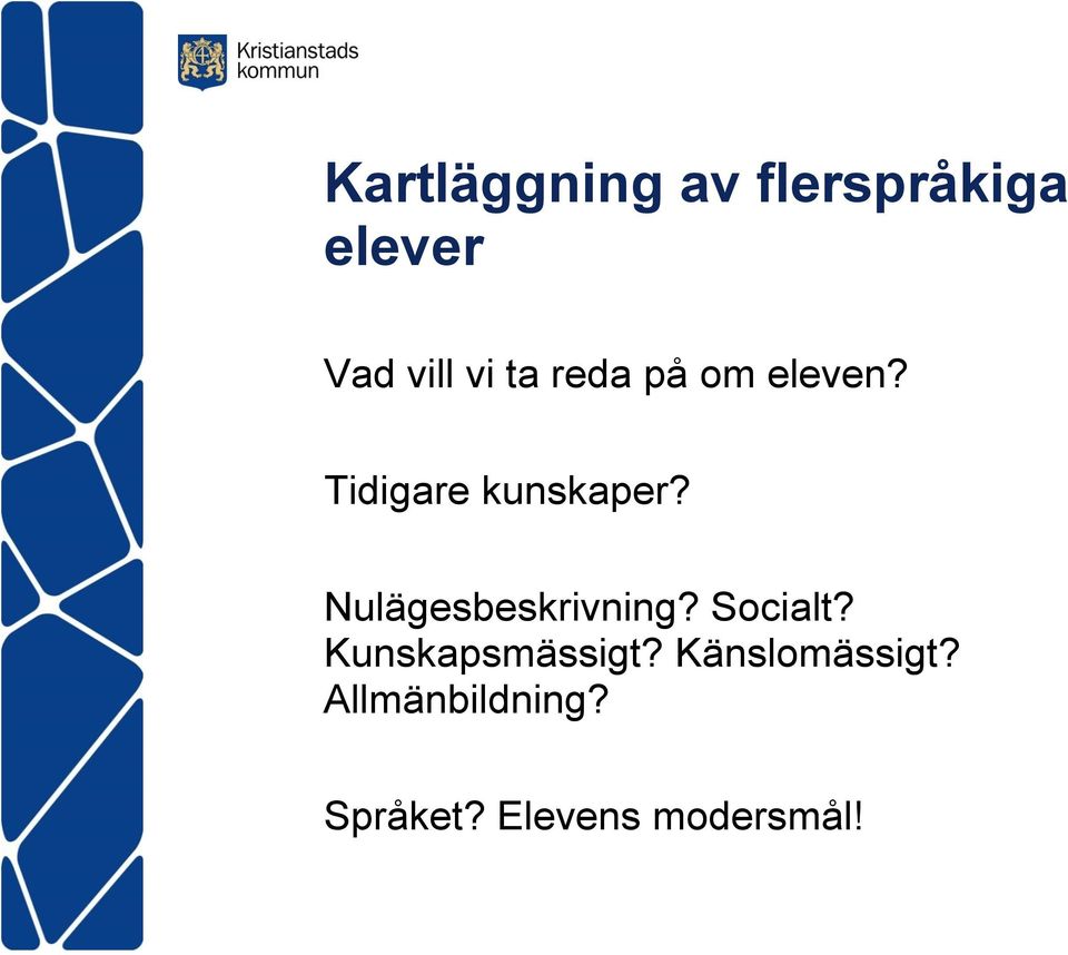 Nulägesbeskrivning? Socialt? Kunskapsmässigt?