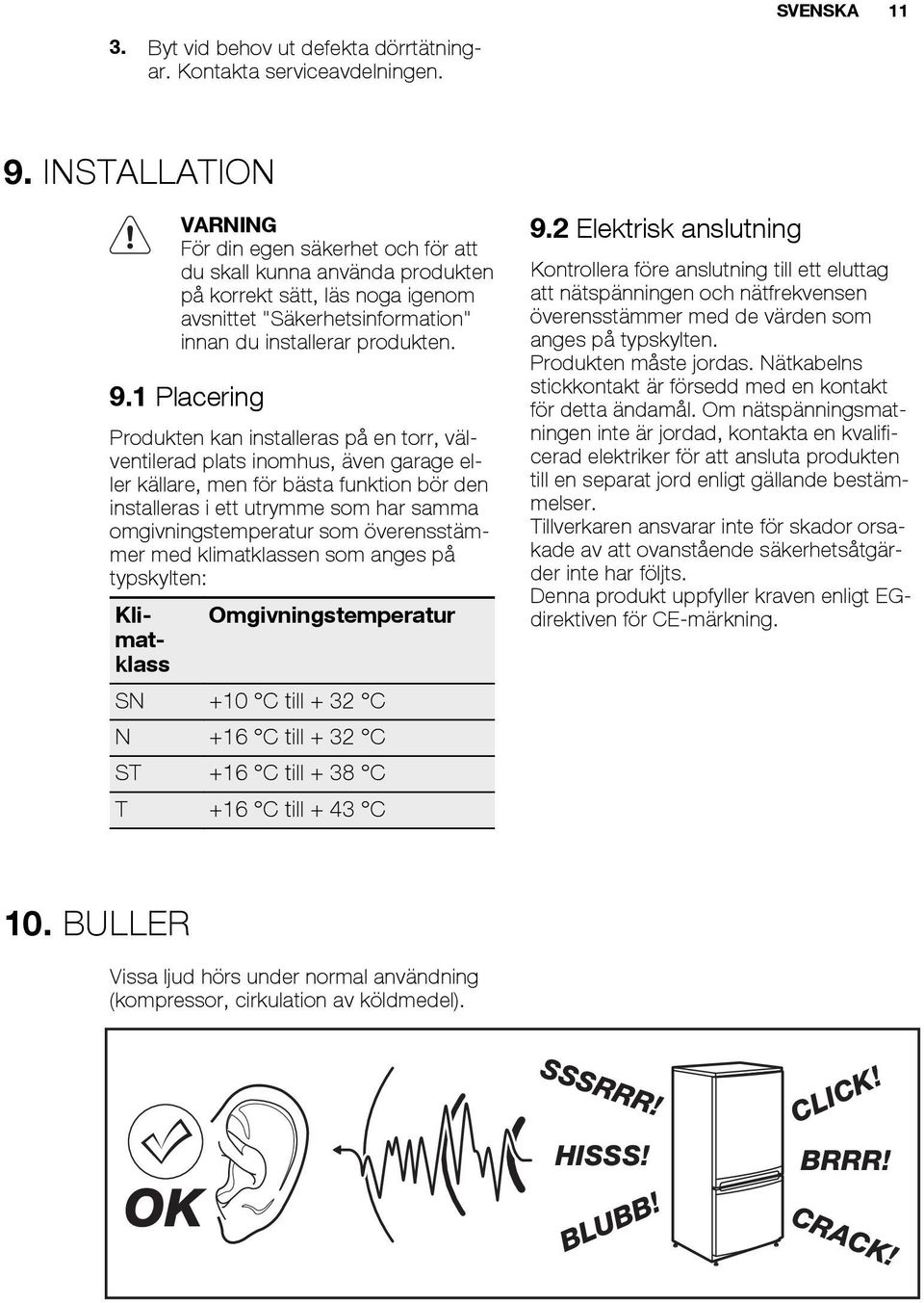 1 Placering Produkten kan installeras på en torr, välventilerad plats inomhus, även garage eller källare, men för bästa funktion bör den installeras i ett utrymme som har samma omgivningstemperatur