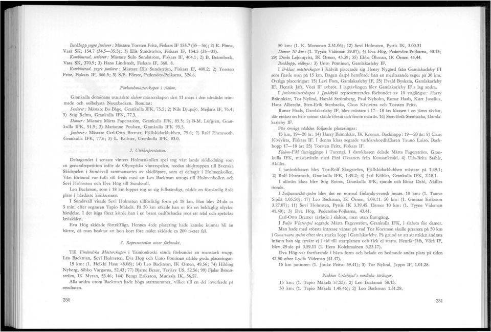 Kombinerad, yngre juniorer: Mästare Elis Sundström, Fiskars IF, 400.2; 2) Torsten Fritz, Fiskars IF, 366.5; 3) S-E. Förste, Pedersöre-Pojkarna, 326.6. Förbulldsmästerskapen i slalom.