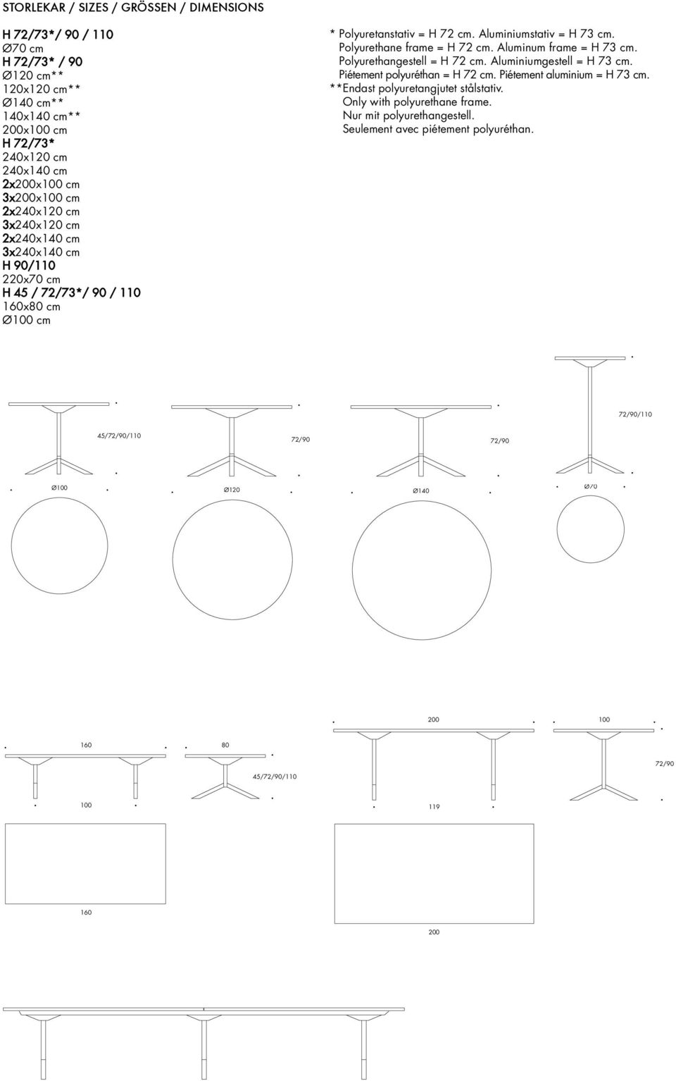 Aluminum frame = H 73 cm. Polyurethangestell = H 72 cm. Aluminiumgestell = H 73 cm. Piétement polyuréthan = H 72 cm. Piétement aluminium = H 73 cm. **Endast polyuretangjutet stålstativ.