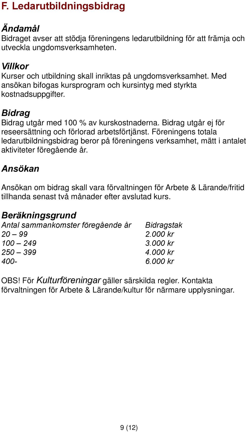 Bidrag utgår ej för reseersättning och förlorad arbetsförtjänst. Föreningens totala ledarutbildningsbidrag beror på föreningens verksamhet, mätt i antalet aktiviteter föregående år.