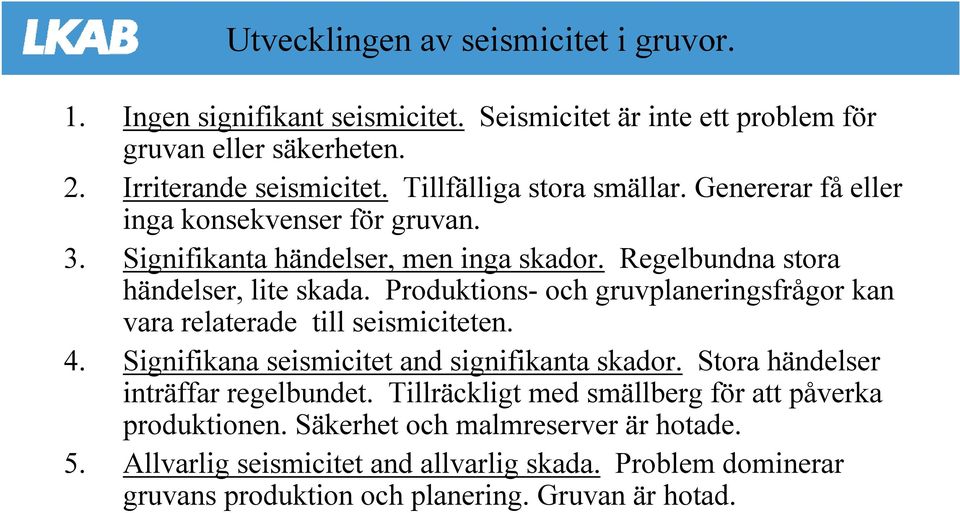 Produktions- och gruvplaneringsfrågor kan vara relaterade till seismiciteten. 4. Signifikana seismicitet and signifikanta skador. Stora händelser inträffar regelbundet.