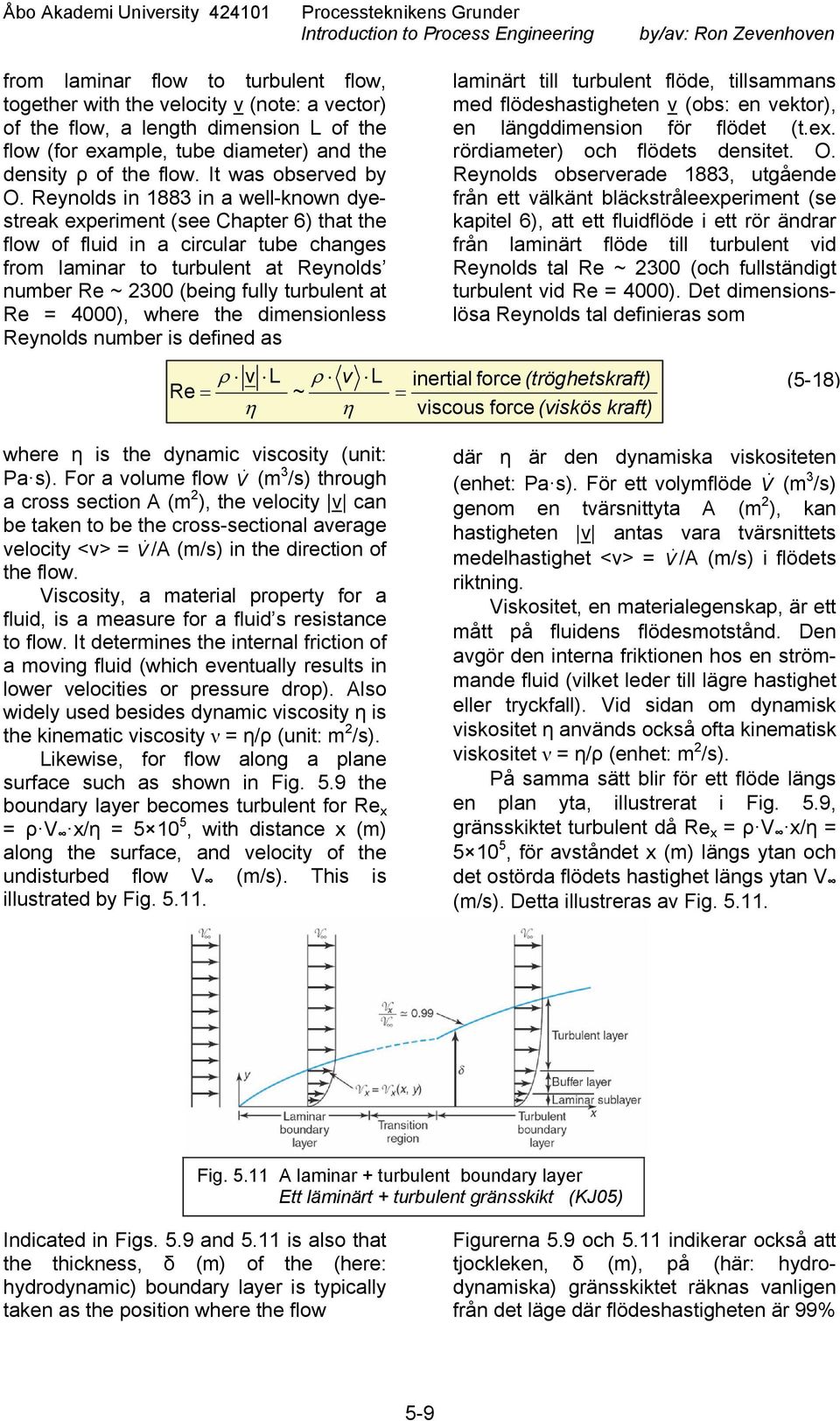 Reynolds in 883 in a well-known dyestreak experiment (see Chapter 6) that the flow of fluid in a circular tube changes from laminar to turbulent at Reynolds number Re ~ 300 (being fully turbulent at