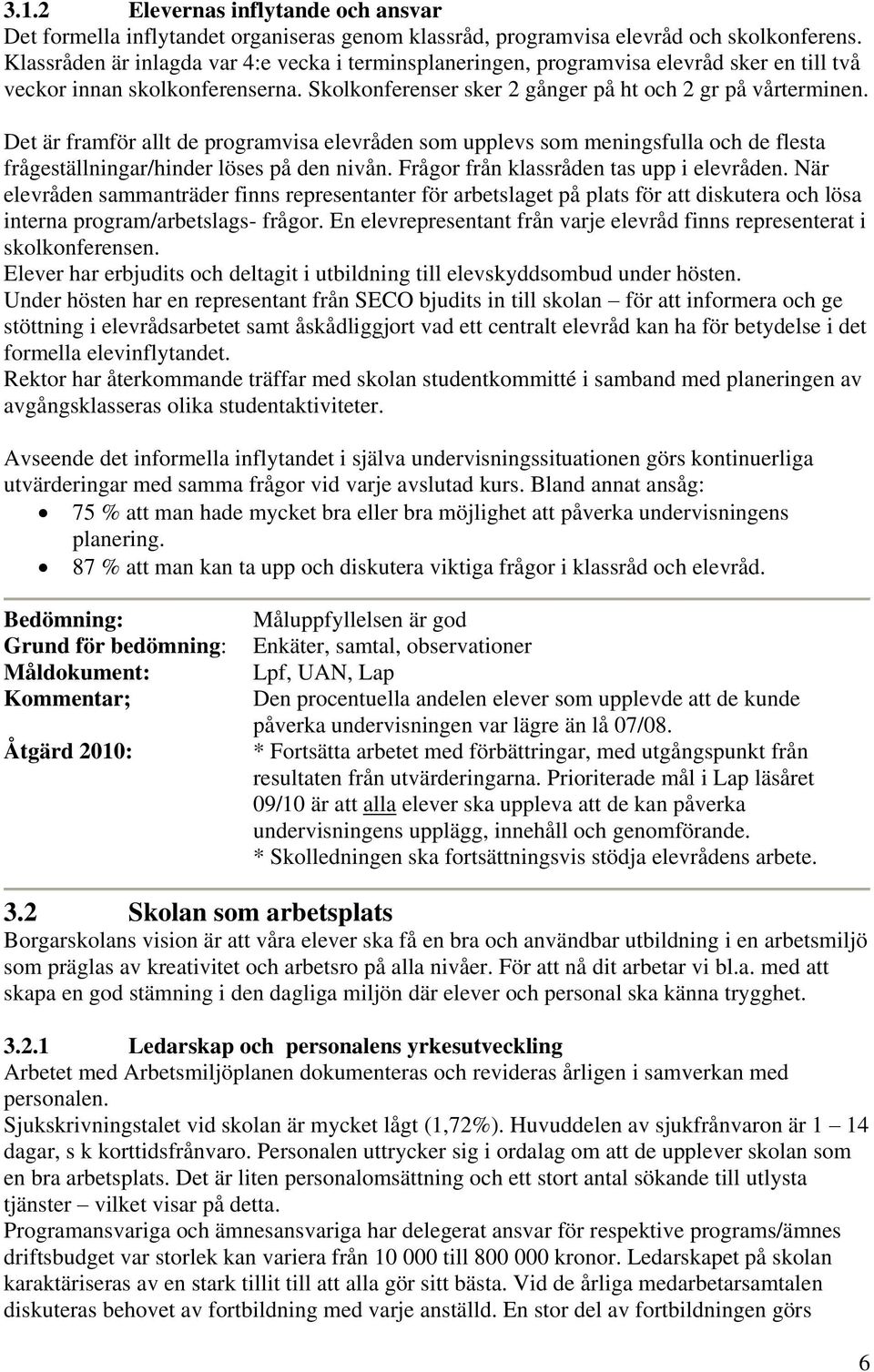 Det är framför allt de programvisa elevråden som upplevs som meningsfulla och de flesta frågeställningar/hinder löses på den nivån. Frågor från klassråden tas upp i elevråden.