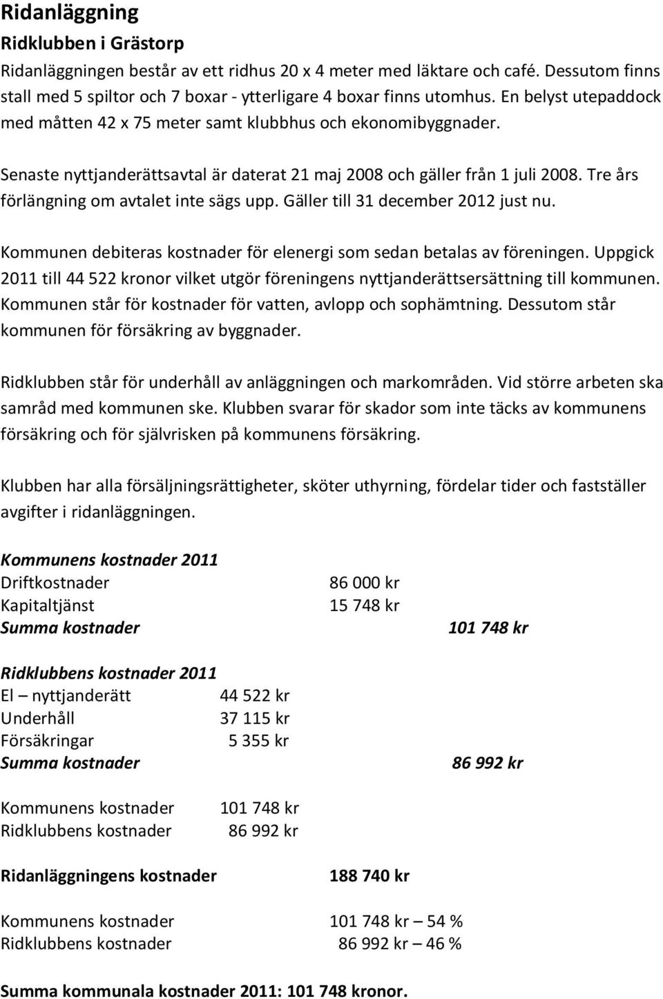Tre års förlängning om avtalet inte sägs upp. Gäller till 31 december 2012 just nu. Kommunen debiteras kostnader för elenergi som sedan betalas av föreningen.