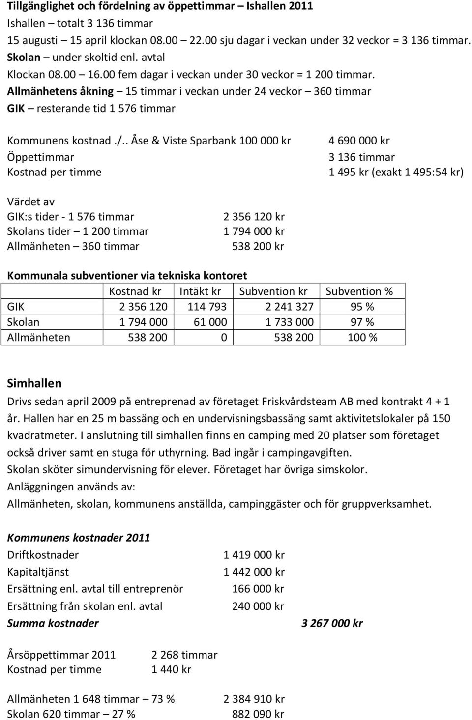 Allmänhetens åkning 15 timmar i veckan under 24 veckor 360 timmar GIK resterande tid 1 576 timmar Kommunens kostnad./.