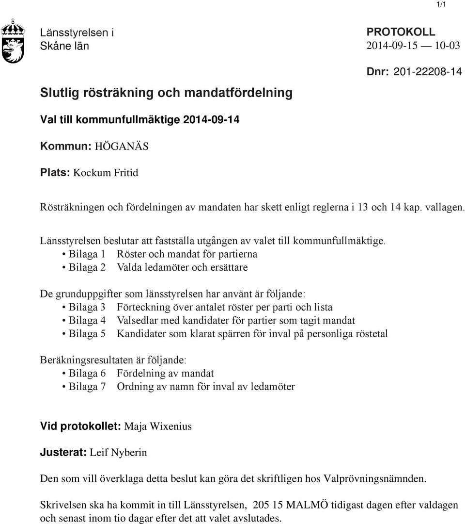 Bilaga 1 Röster och mandat för partierna Bilaga 2 Valda ledamöter och ersättare De grunduppgifter som länsstyrelsen har använt är följande: Bilaga 3 Förteckning över antalet röster per parti och