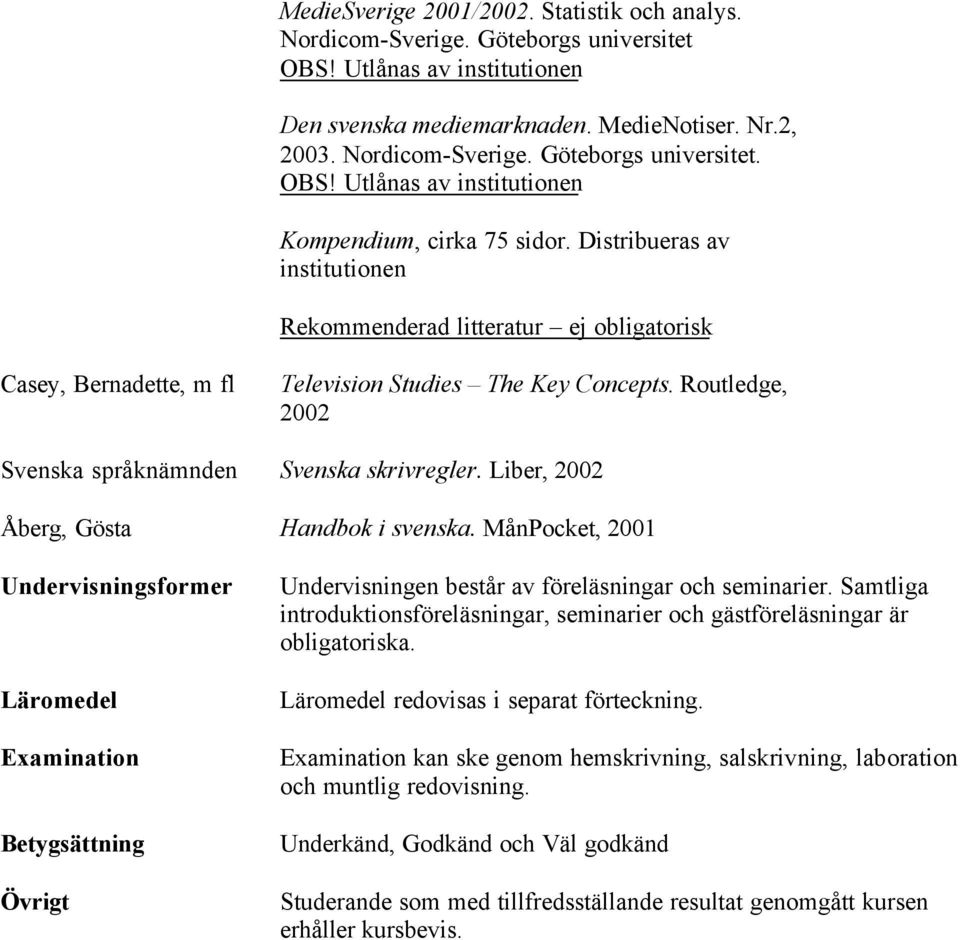 Liber, 2002 Åberg, Gösta Handbok i svenska. MånPocket, 2001 Undervisningsformer Läromedel Examination Betygsättning Övrigt Undervisningen består av föreläsningar och seminarier.