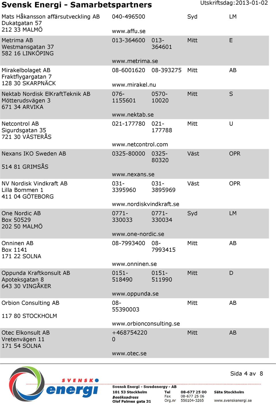 Oppunda Kraftkonsult Apoteksgatan 8 643 30 VINGÅKER Orbion Consulting 117 80 STOCKHO Otec Elkonsult Vretenvägen 11 171 54 SOLNA 040-496500 www.affu.se 013-364600 013-364601 www.metrima.