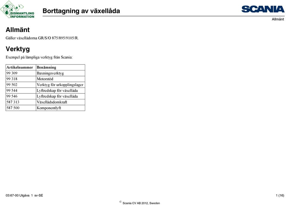 Baxningsverktyg 99 318 Motorstöd 99 502 Verktyg för urkopplingslager 99 544 Lyftredskap