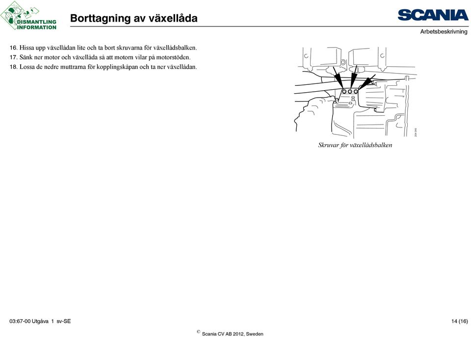 Sänk ner motor och växellåda så att motorn vilar på motorstöden. 18.