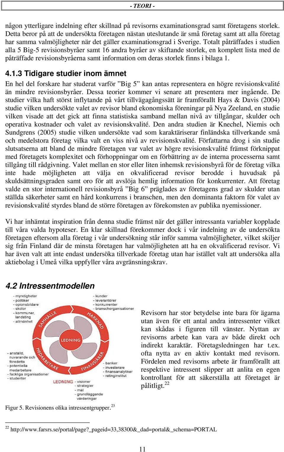 Totalt påträffades i studien alla 5 Big-5 revisionsbyråer samt 16 andra byråer av skiftande storlek, en komplett lista med de påträffade revisionsbyråerna samt information om deras storlek finns i