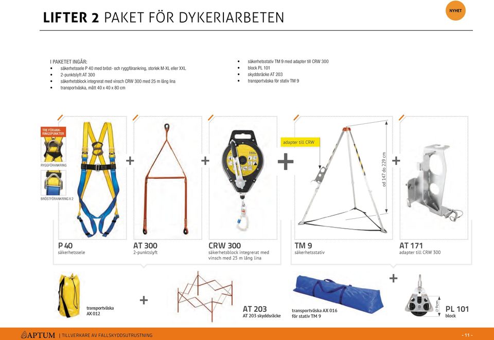 förankringspunkter adapter till CRW ryggförankring od 147 do 229 cm bröstförankring x 2 P 40 säkerhetssele AT 300 2-punktslyft CRW 300 säkerhetsblock integrerat med vinsch med 25 m lång