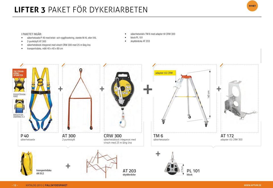 tre förankringspunkter adapter till CRW ryggförankring 160 cm bröstförankring x 2 P 40 säkerhetssele AT 300 2-punktslyft CRW 300 säkerhetsblock integrerat med vinsch