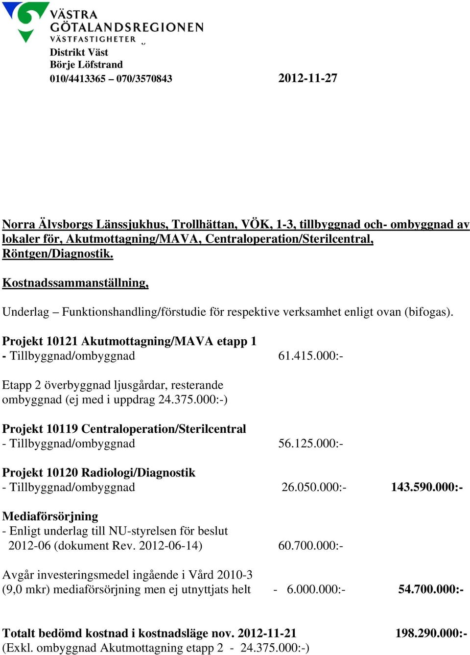 Projekt 10121 Akutmottagning/MAVA etapp 1 - Tillbyggnad/ombyggnad 61.415.000:- Etapp 2 överbyggnad ljusgårdar, resterande ombyggnad (ej med i uppdrag 24.375.