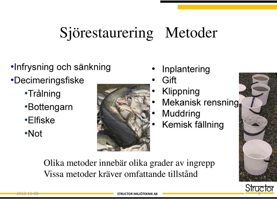 Mekanisk rensning Muddring Kemisk fällning Olika metoder innebär