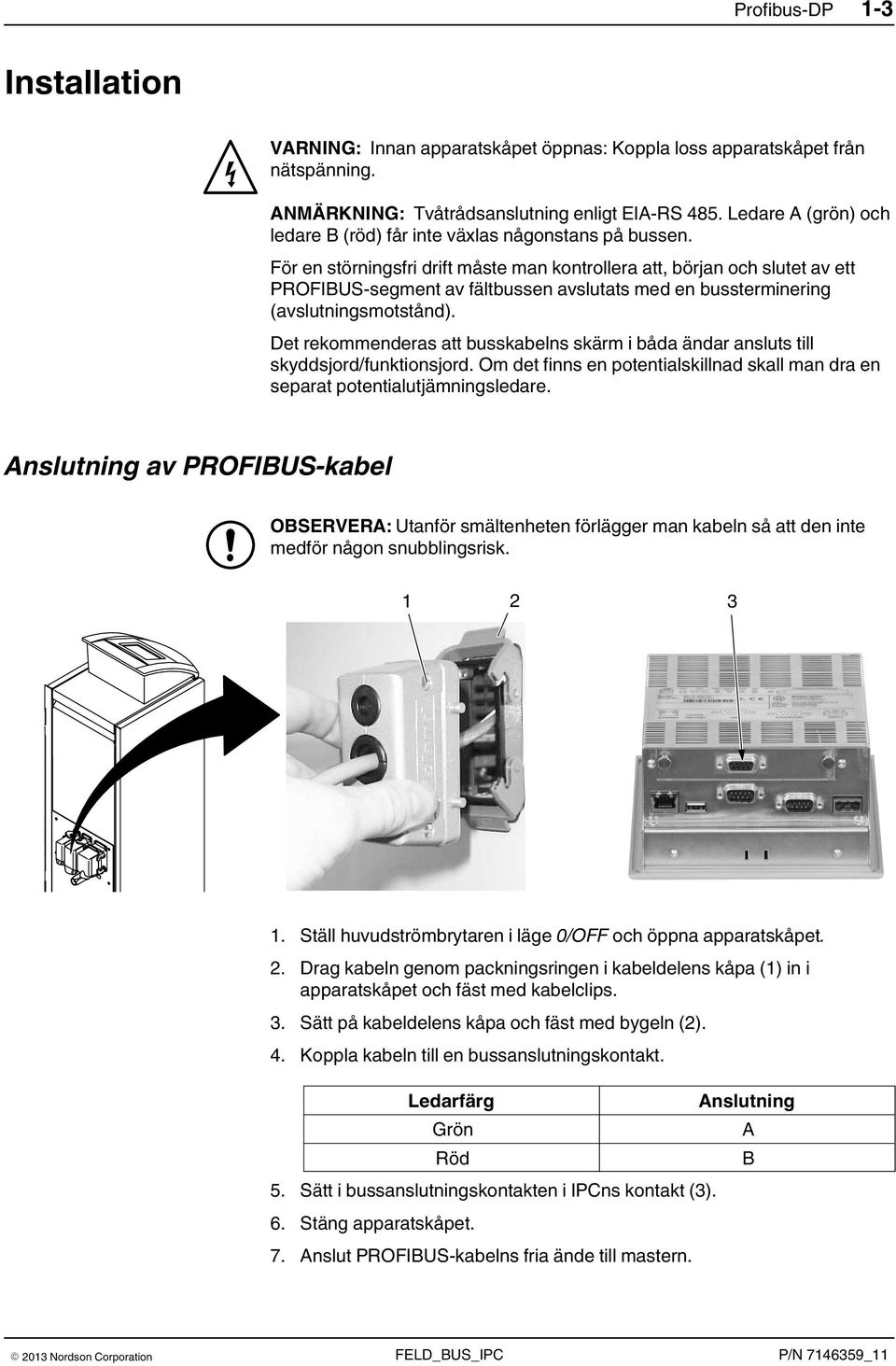 För en störningsfri drift måste man kontrollera att, början och slutet av ett PROFIBUS-segment av fältbussen avslutats med en bussterminering (avslutningsmotstånd).