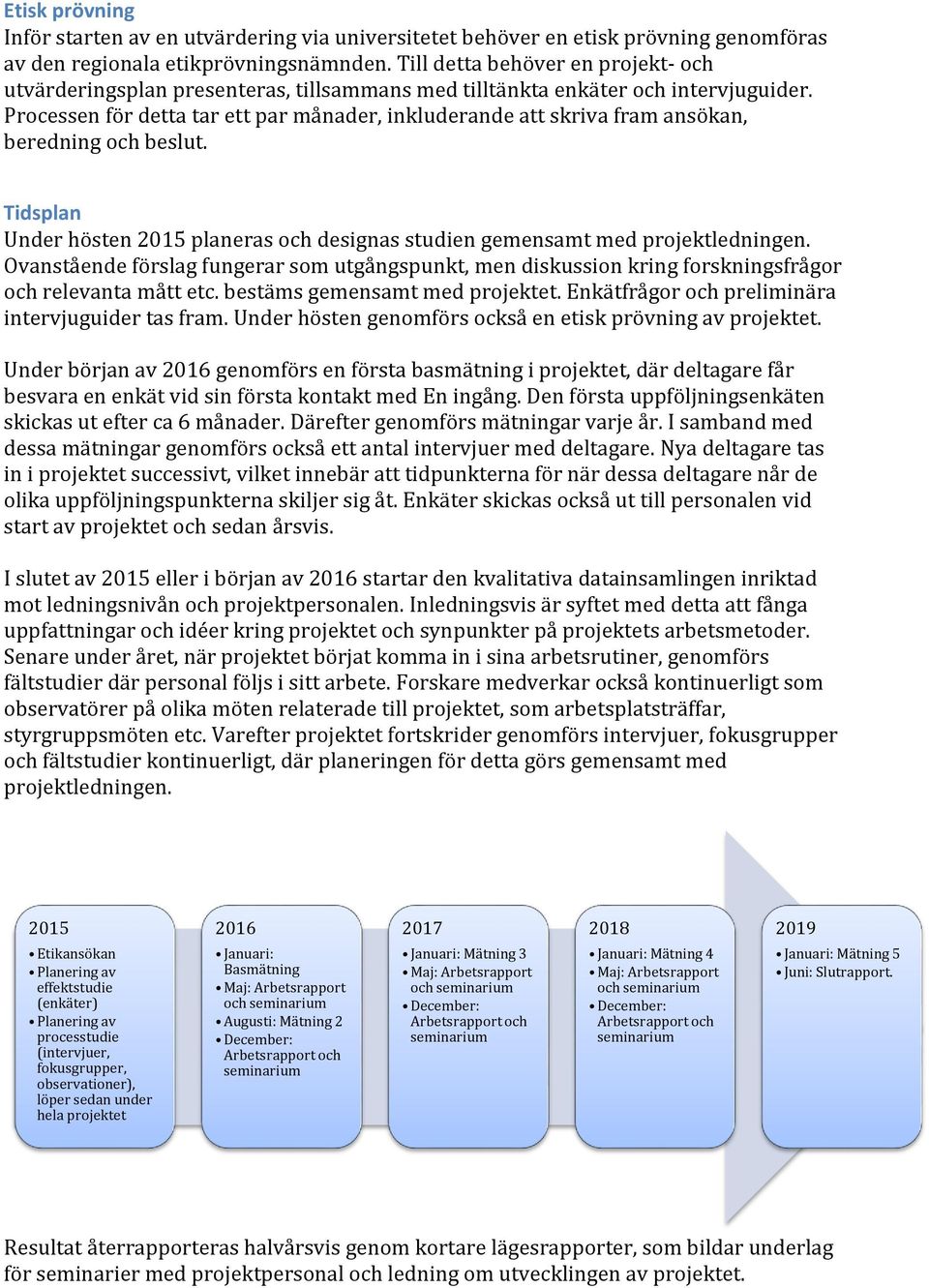 Processen för detta tar ett par månader, inkluderande att skriva fram ansökan, beredning och beslut. Tidsplan Under hösten 2015 planeras och designas studien gemensamt med projektledningen.