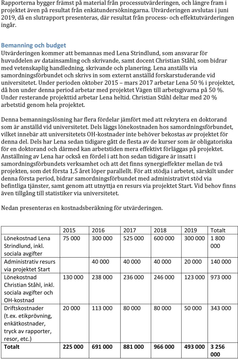 Bemanning och budget Utvärderingen kommer att bemannas med Lena Strindlund, som ansvarar för huvuddelen av datainsamling och skrivande, samt docent Christian Ståhl, som bidrar med vetenskaplig