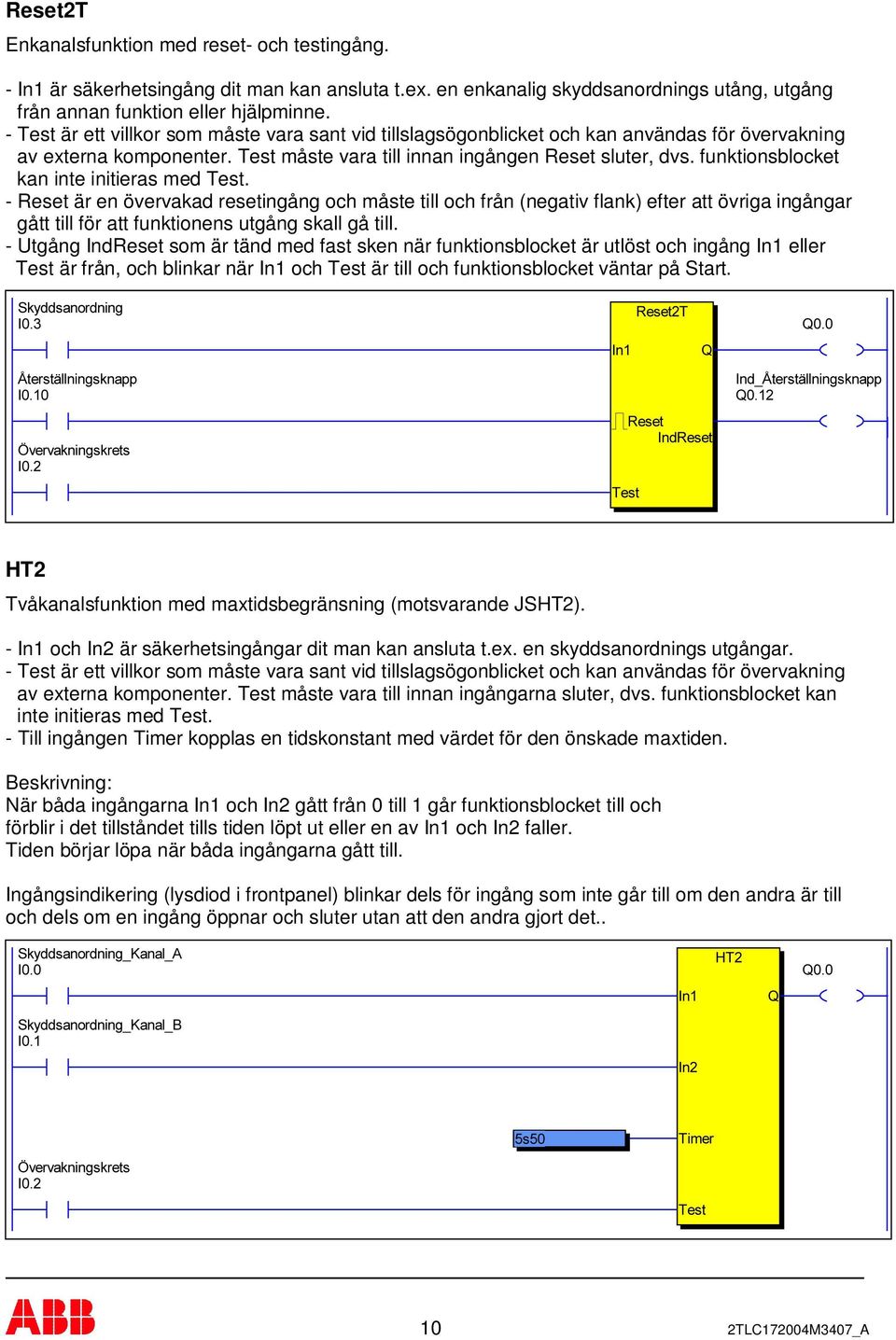 funktionsblocket kan inte initieras med Test. - Reset är en övervakad resetingång och måste till och från (negativ flank) efter att övriga ingångar gått till för att funktionens utgång skall gå till.