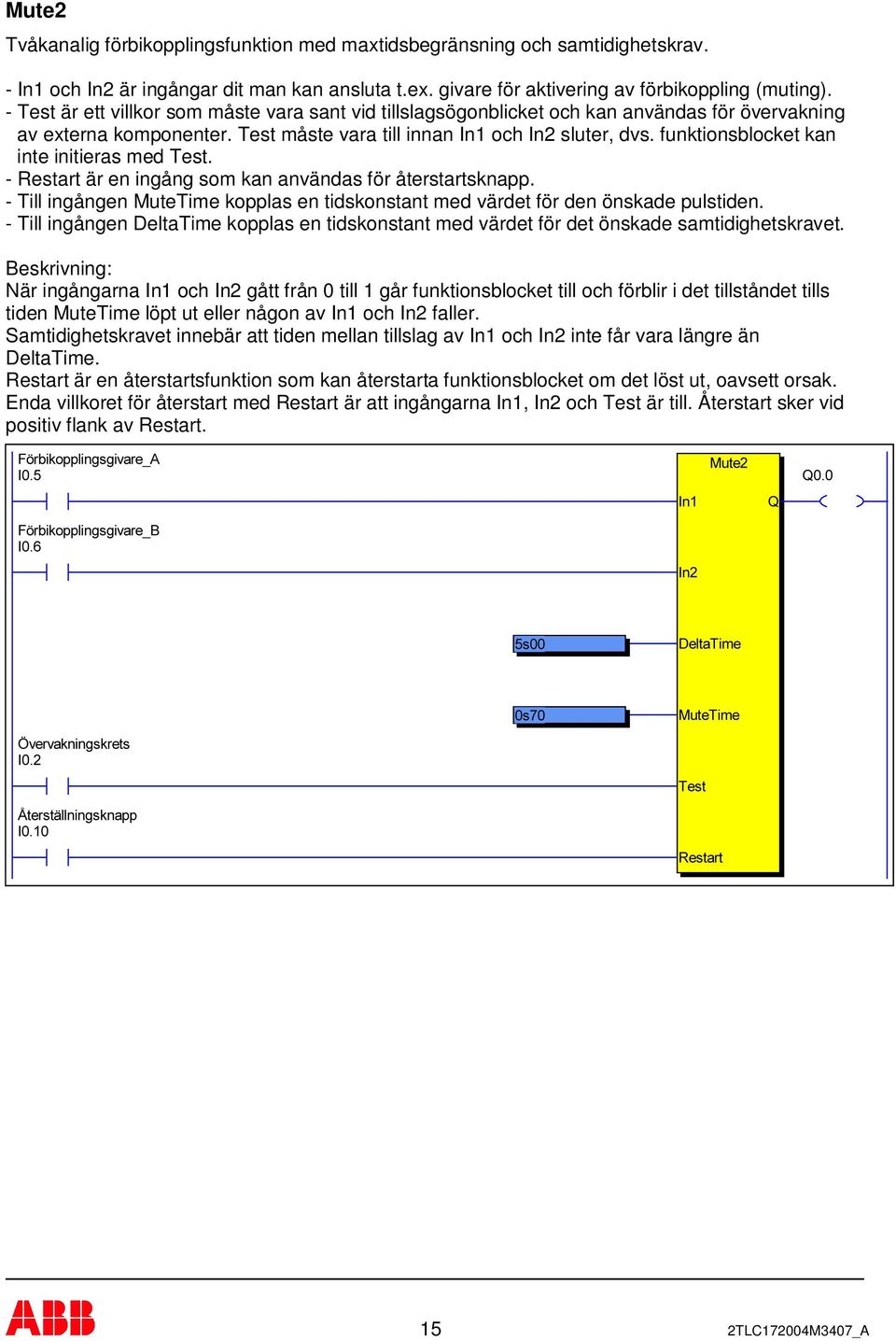 funktionsblocket kan inte initieras med Test. - Restart är en ingång som kan användas för återstartsknapp. - Till ingången MuteTime kopplas en tidskonstant med värdet för den önskade pulstiden.