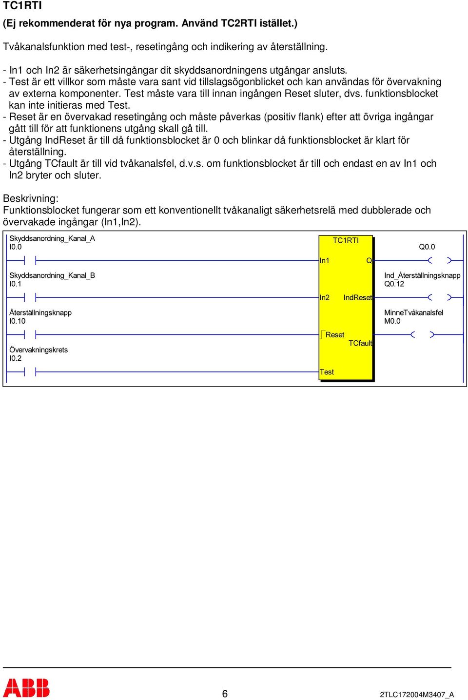 Test måste vara till innan ingången Reset sluter, dvs. funktionsblocket kan inte initieras med Test.