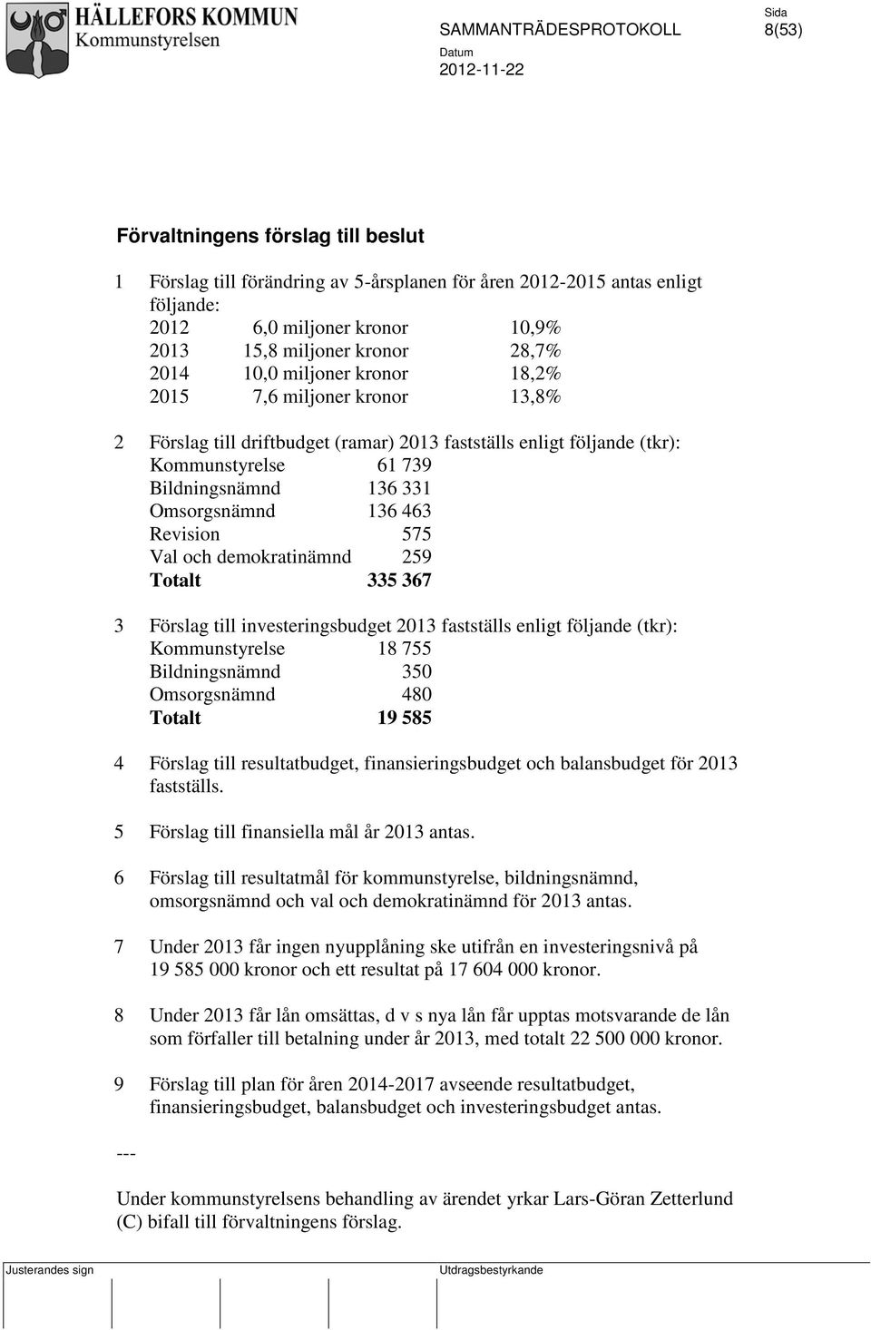 Revision 575 Val och demokratinämnd 259 Totalt 335 367 3 Förslag till investeringsbudget 2013 fastställs enligt följande (tkr): Kommunstyrelse 18 755 Bildningsnämnd 350 Omsorgsnämnd 480 Totalt 19 585